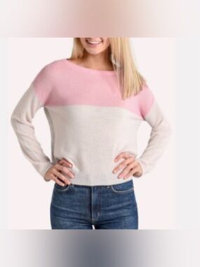 ATM Colorblock Cashmere Open Crewneck Sweater Pink Cream Gray Size S